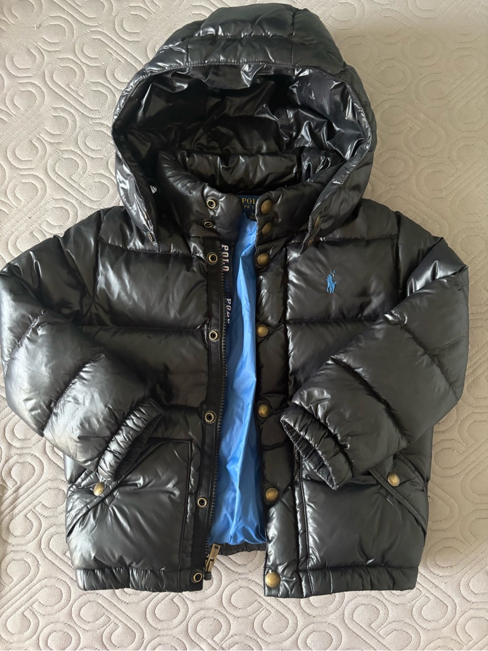 Polo by Ralph Lauren Black Hooded Kids Puffer Jacket with Blue Lining